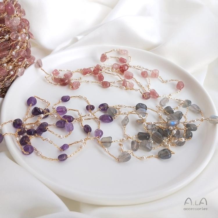 14K Gold-filled Color-preserving Handmade Korean Chain with Strawberry Quartz, Labradorite, and Amethyst Rectangular Beads for DIY Bracelets