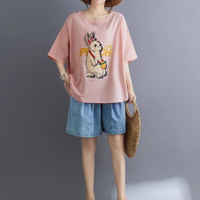 Tops for Women Cotton Summer Large Size T-shirt Round Neck Loose Rabbit Printed Casual Pullover T-shirt Top