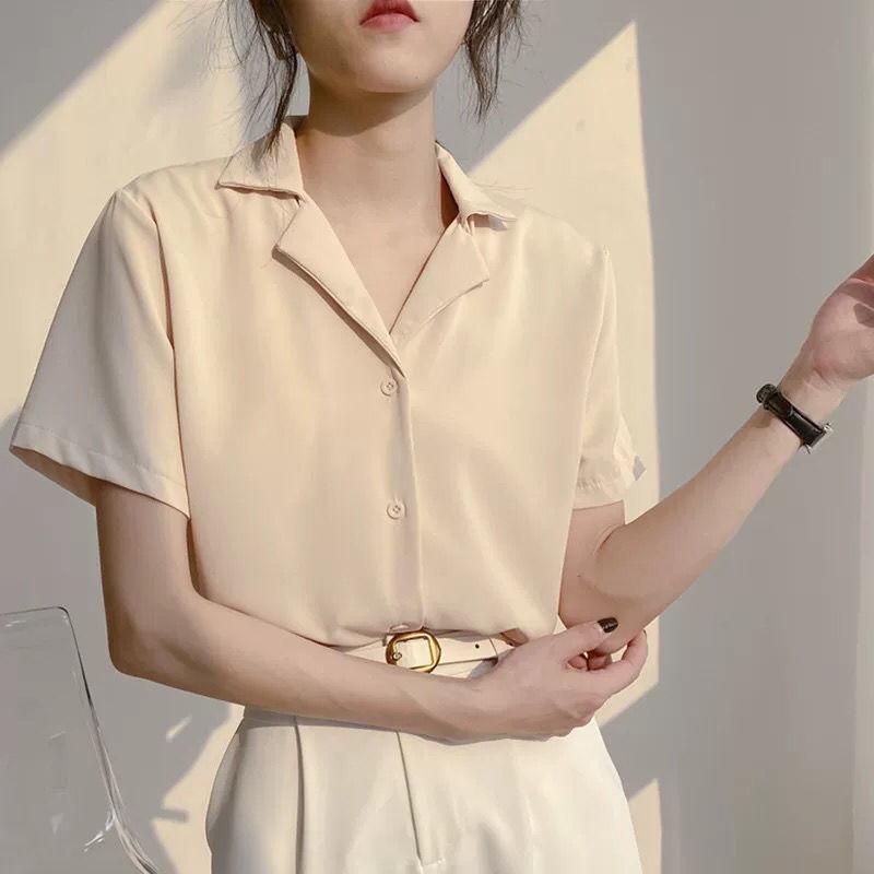 2021 Spring Retro Korean Style Women's Short Sleeve Lapel Shirt