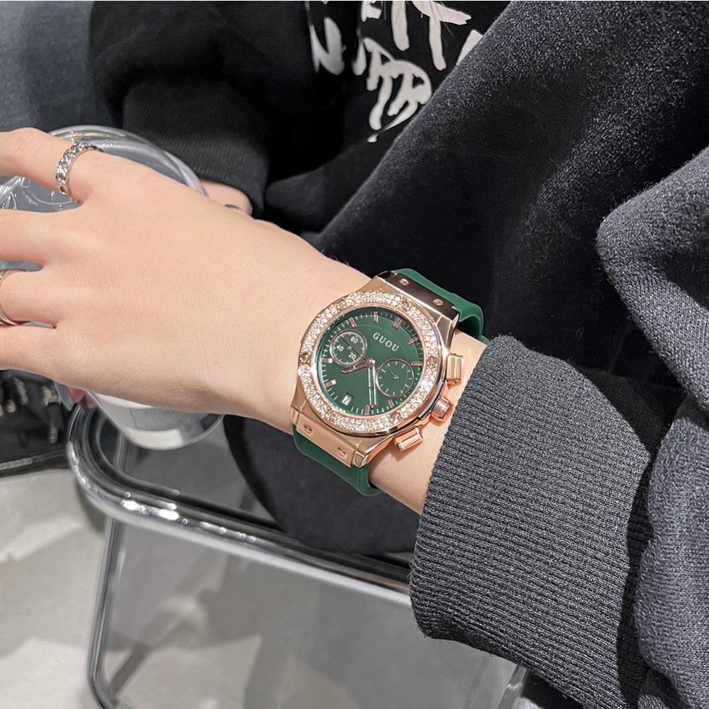 Women's Watch with Large Dial, Personalized Silicone Watch Strap, Multifunctional Trendy Rhinestone Watch with Calendar for Women