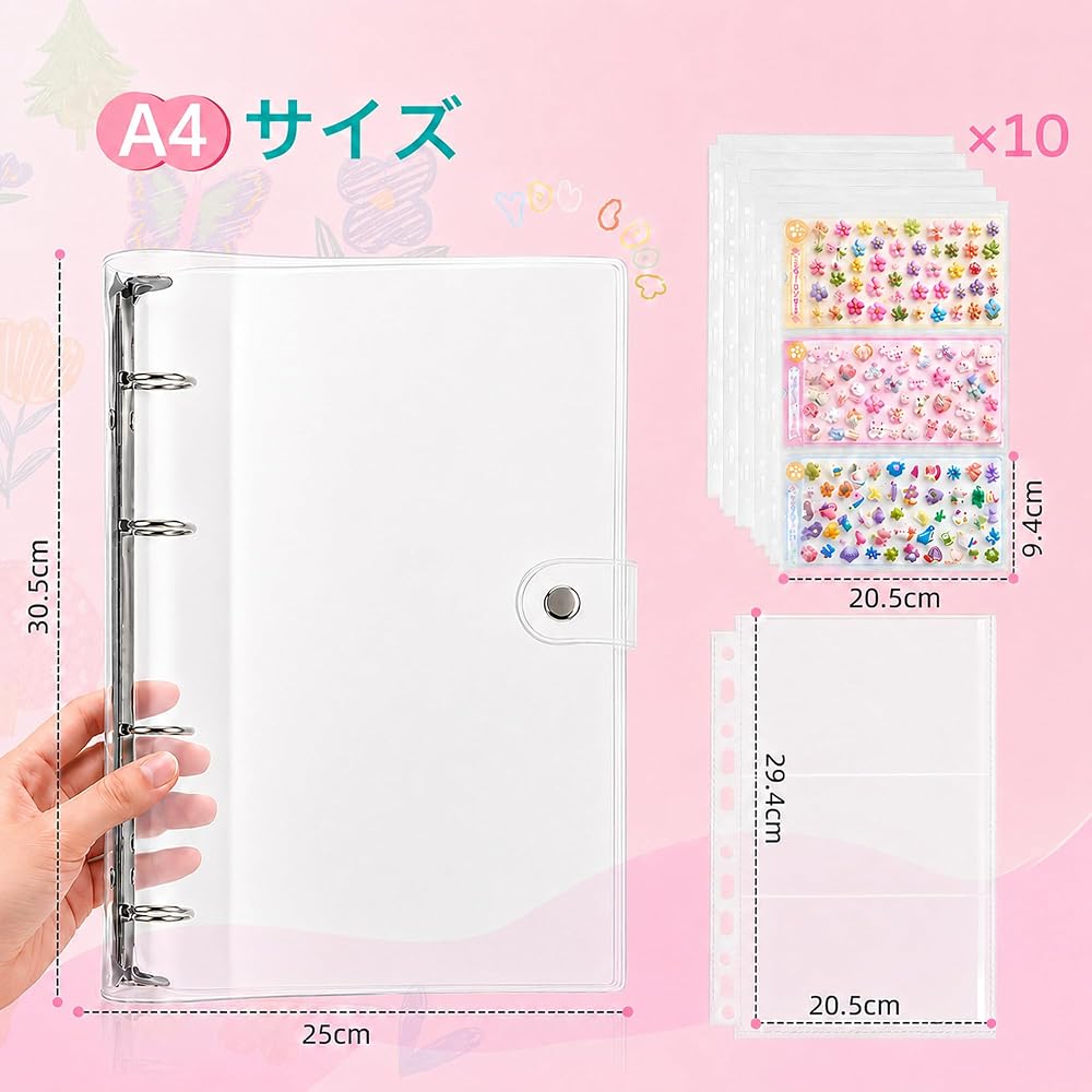 Topmvp Sticker Album, A4 Size, Large, Transparent, 4-Hole Binder | Includes 10 Sheets of Removable