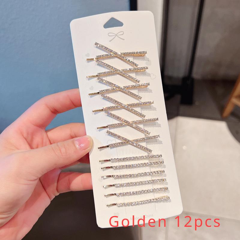

12-Piece Rhinestone Hair Clips Set, Minimalist Sweet Style, Alloy Material, Solid Color, Cross-Shaped Hairpins for Girls