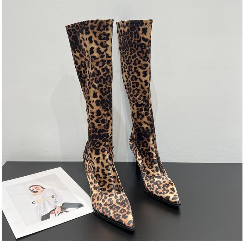 Fashion Pointed Thin Heel Leopard Print Long Boots for Women's Fashionable Sexy Mixed Color Knee High Boots Large Size 43 Women's Shoes