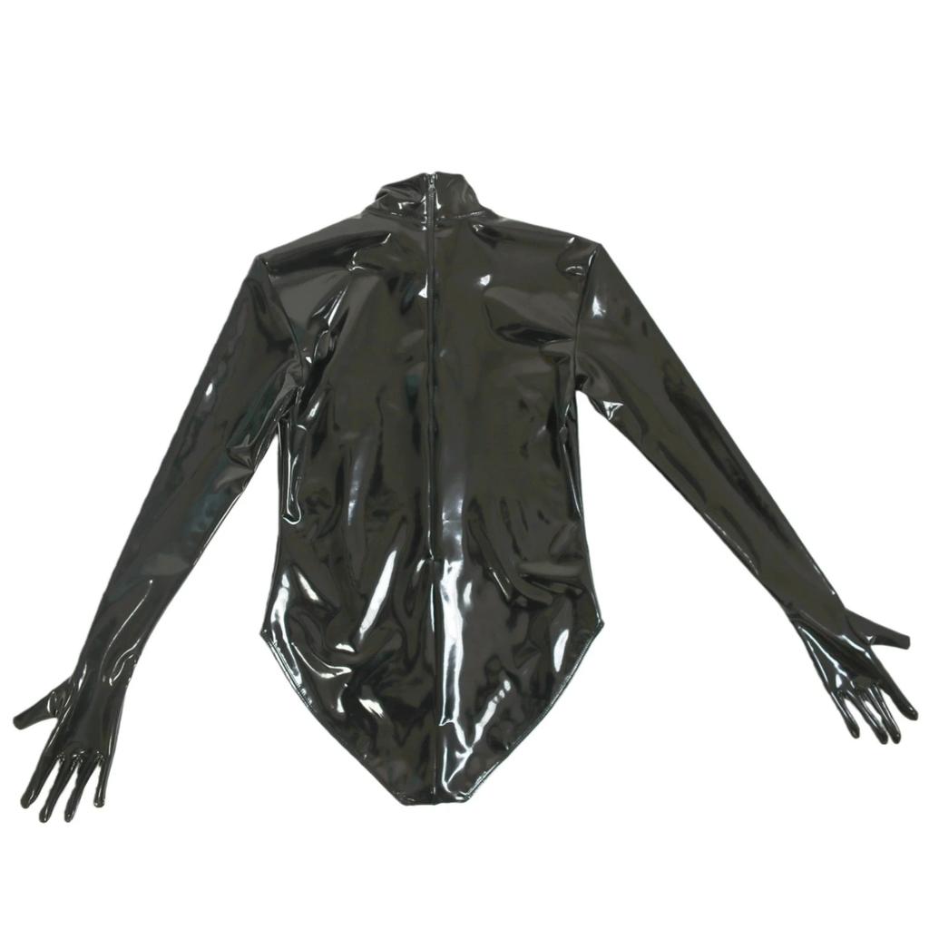 Sexy Women Glove Sleeve Latex Bodysuit High Cut Bodysuit Low Brest Shaper Tights Elastic Home Pu Leather Leotard Maid Leotard