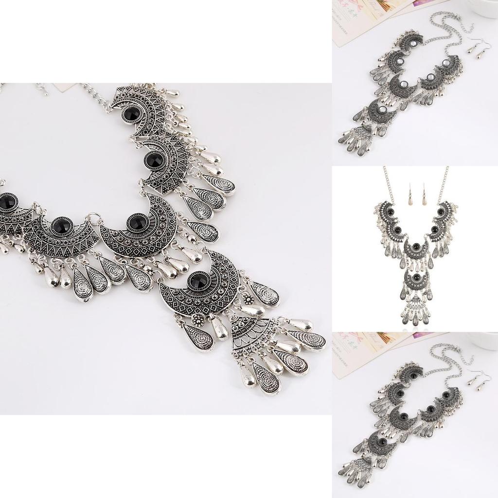 Water Drop Pendant Necklace Earrings With Multilayer Chain For Vintage Art Deco Jewelry Collection