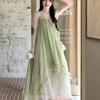 French 2026 printed chiffon summer splicing new seaside suspender holiday temperament irregular medium and long dress