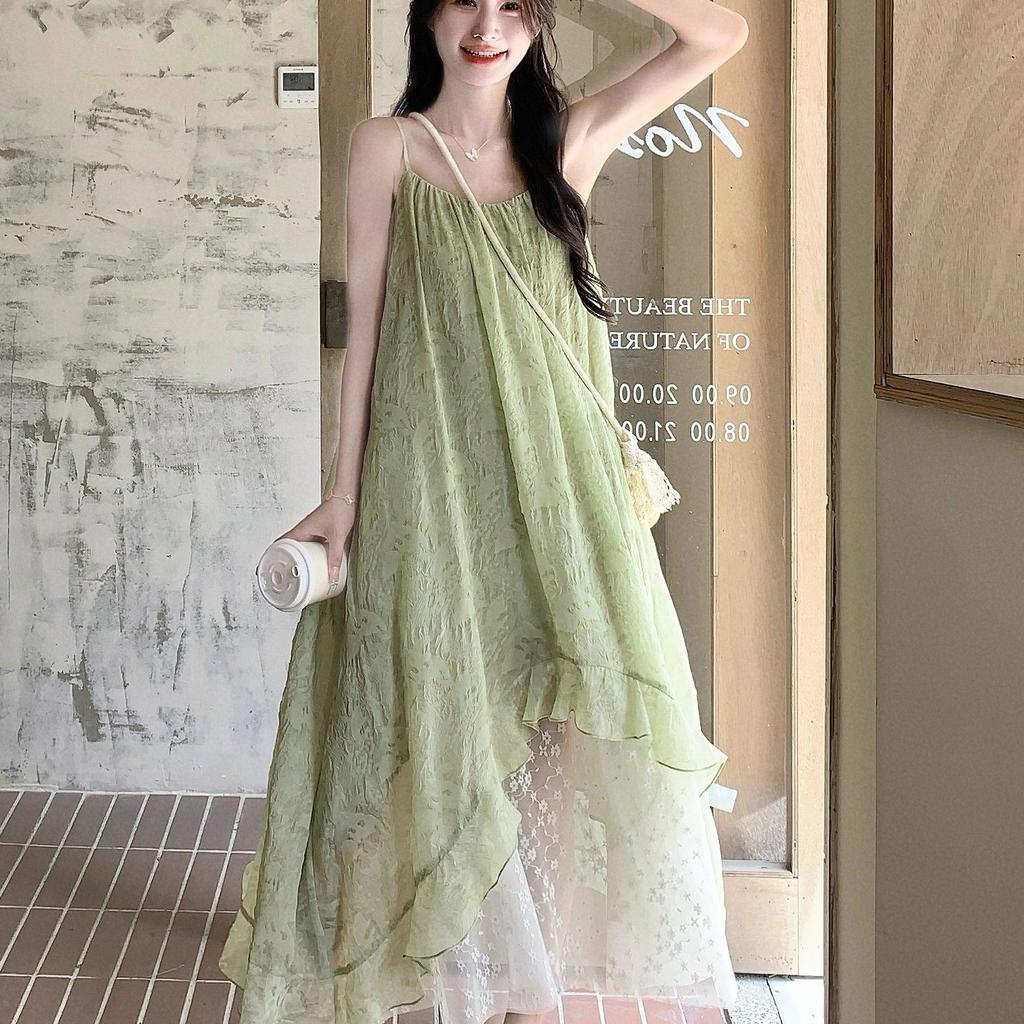 French 2026 printed chiffon summer splicing new seaside suspender holiday temperament irregular medium and long dress