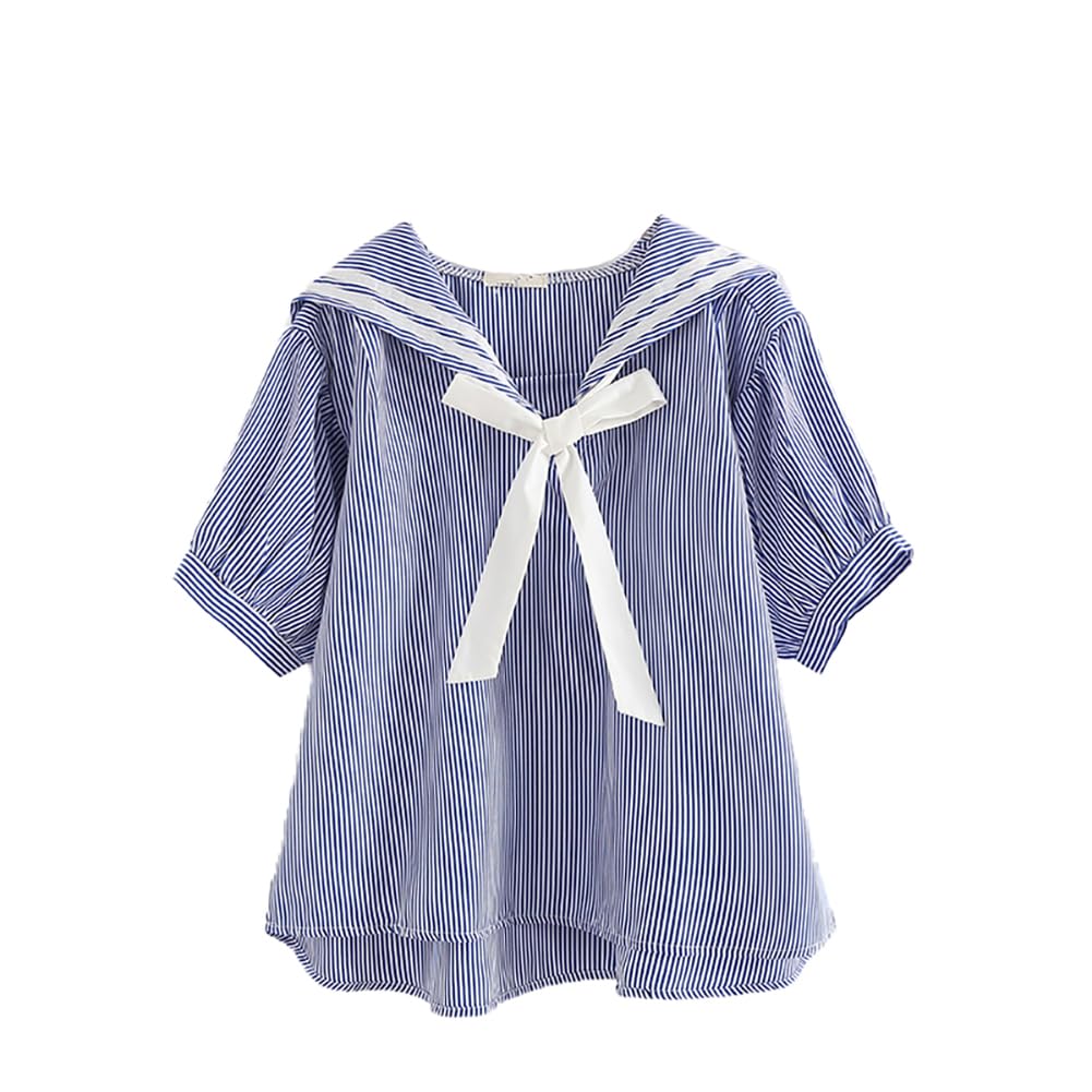 

L-Stoppastow Sailor Collar Blouse, Summer, Women s, Short Sleeve, Sailor-Style Shirt with Ribbon, Student Top, Loose Fit, Blue