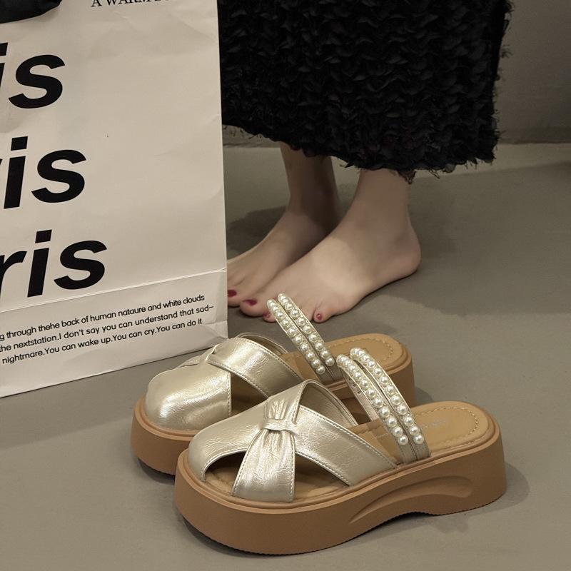 Fashion platform slippers fairy wind pearl bag head cool summer retro beach shoes soft sole bow Roman sandals