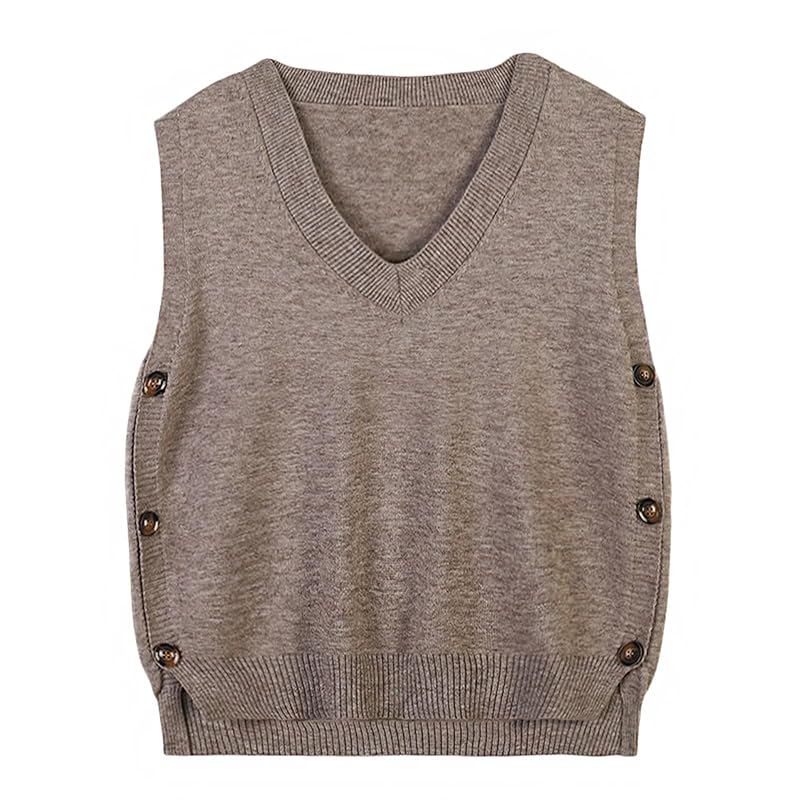 [Ailiyumo] knit vest ladies spring vest v neck Thin knit sweater sleeveless short length Plain color layered clothing with button slit Fashionable