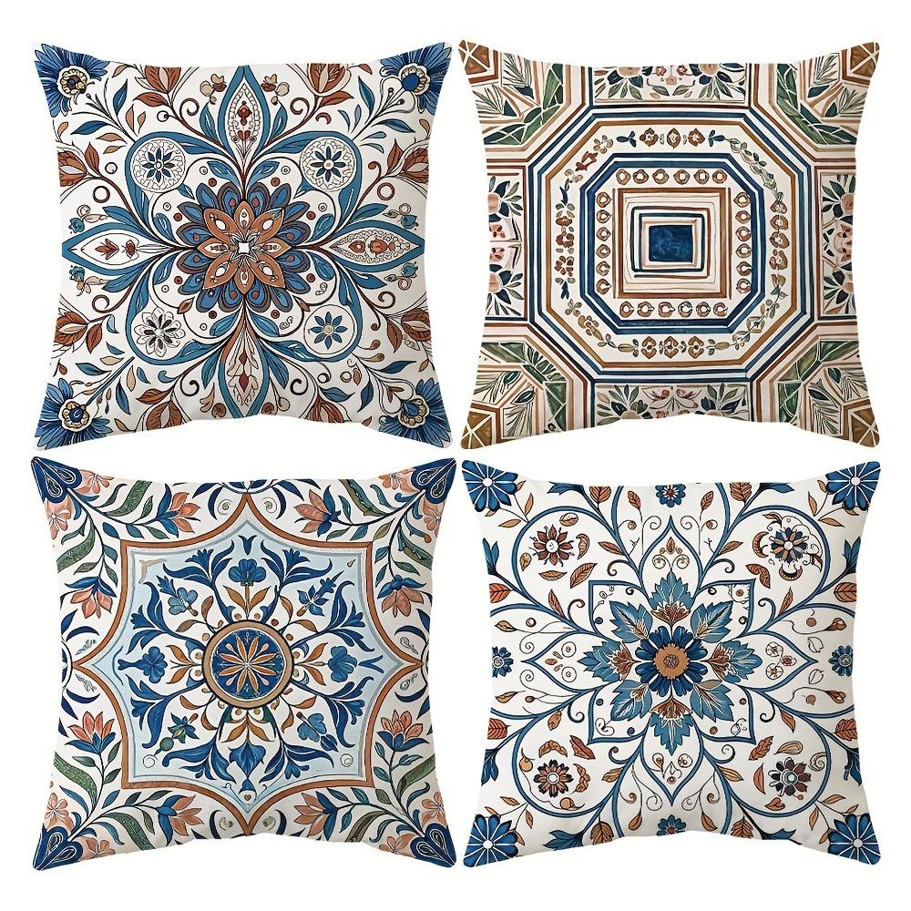 Retro Tile - Inspired Floral Pillow CoversLiving Room Sofa Cushion Cover, Soft and Comfortable, Bedroom Room Decoration