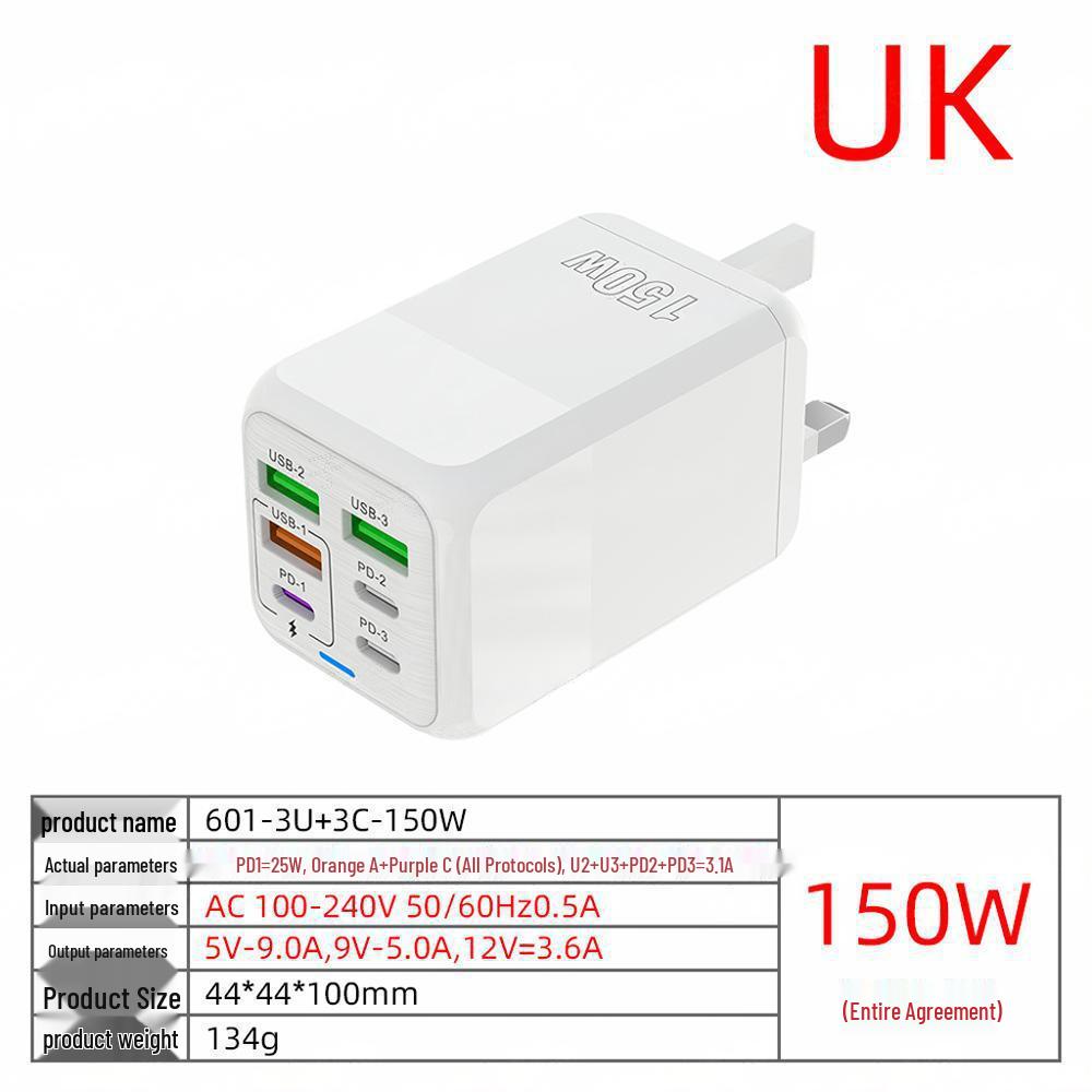150W Multi-Port Charger: 3PD+3USB for Apple, Huawei, and More Fast Charging