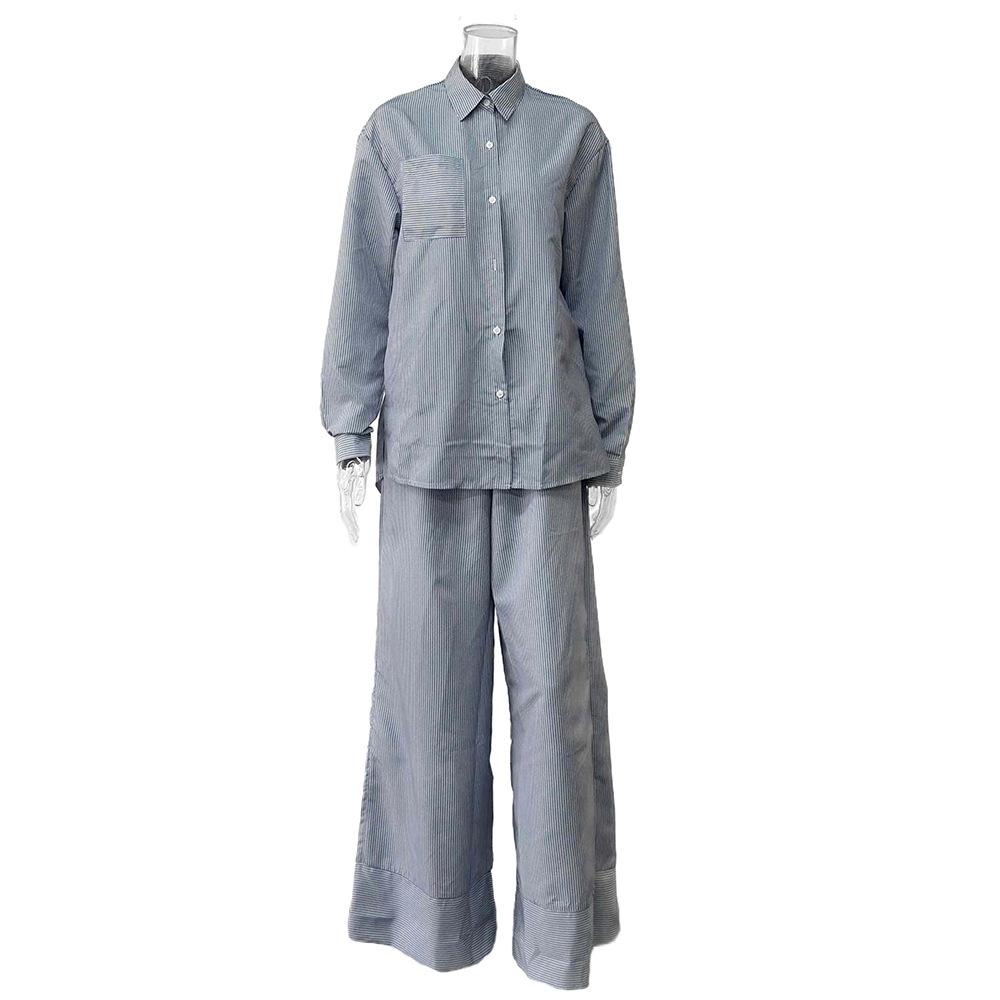 

Early Autumn Striped Shirt Set Street Fashion Commuting Loose Long Sleeve Long Pants Two-Piece Set for Women L сірий колір