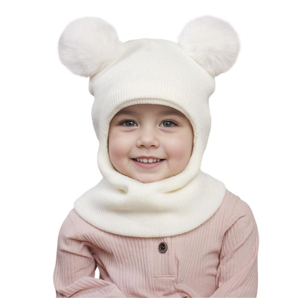 3-12Y autumn and winter double-ball pullover cap, children's double-ball ear-protecting one-piece cap, solid-color cute woolen o