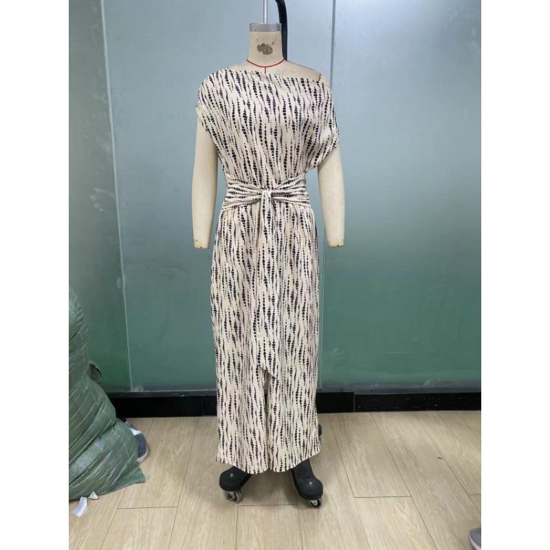 Women Off Shoulder Abstract Print Belted Wide Leg Elegant Jumpsuit