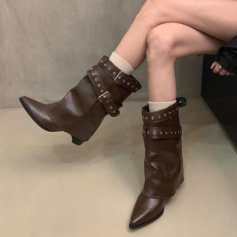 

White British style pointed head thick high-heeled short boots women s new autumn skirt height-increasing and thin trouser tube boots 40 коричневый