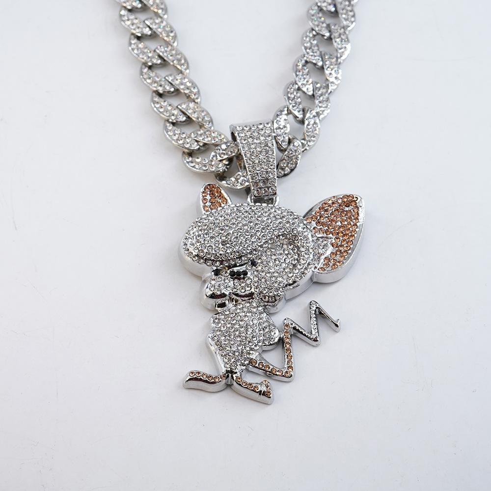 Cartoon Animal Mouse Full Diamond Three-dimensional Pendant Cuban Necklace, European and American Fashion Versatile Men's and Women's Accessories