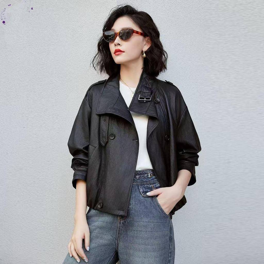 Women's 2025 Autumn American Style Stand Collar Leather Motorcycle Jacket