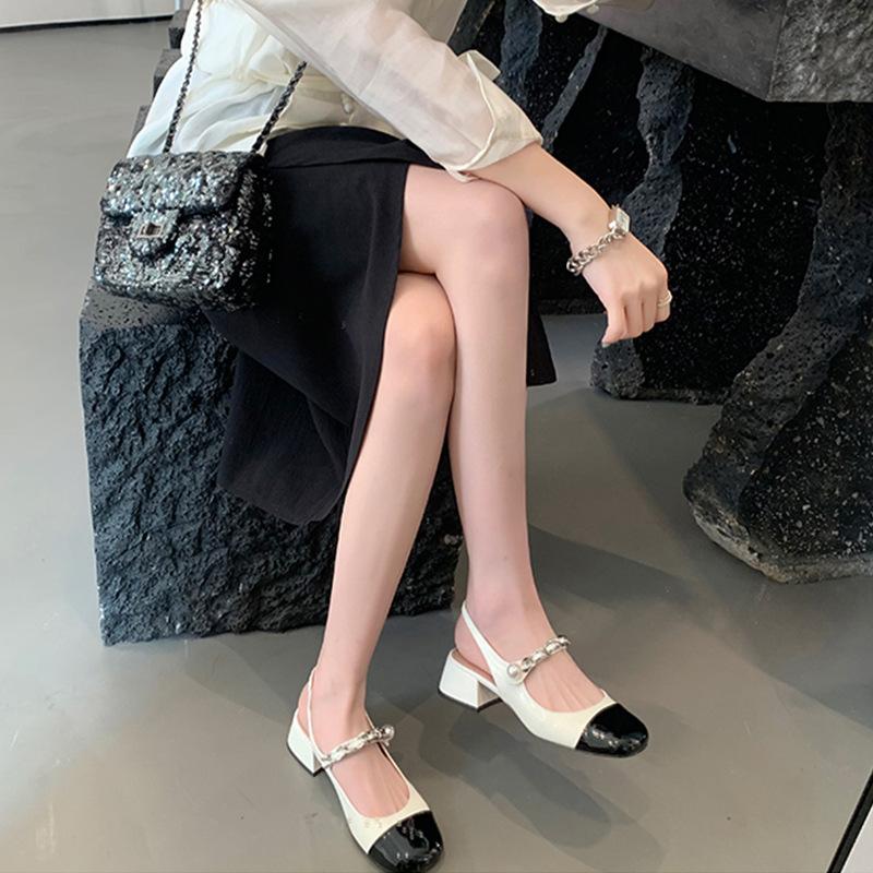 Grape mother studiolee girly style pearl chain shallow mouth empty thick heel bag head Mary Jane sandals women