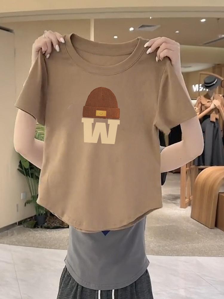 

Pure cotton T-shirt women s short sleeves 2025 new curved hem slim-fitting front shoulder top short sweet and spicy shirt M