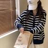 Stand-up Collar Design Striped Contrasting Zipper Long-sleeved Knitted Cardigan Women's Autumn and Winter Loose Lazy Wind Sweater Jacket Tide