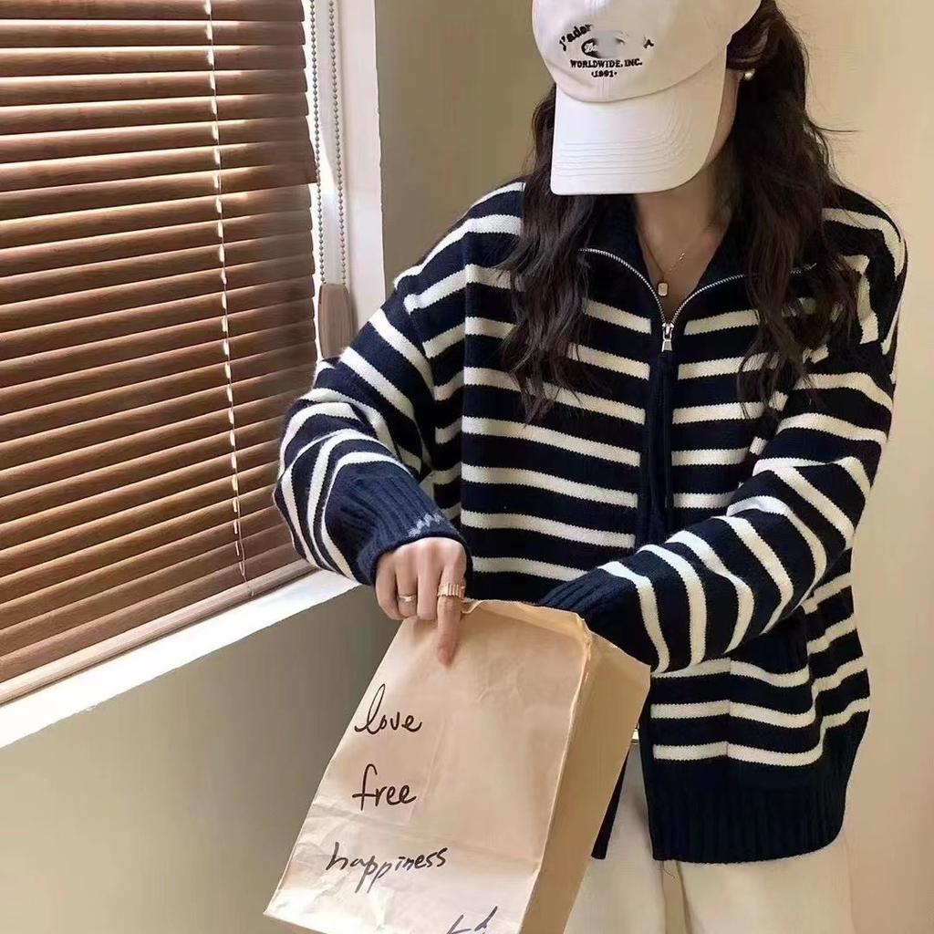 Stand-up Collar Design Striped Contrasting Zipper Long-sleeved Knitted Cardigan Women's Autumn and Winter Loose Lazy Wind Sweater Jacket Tide