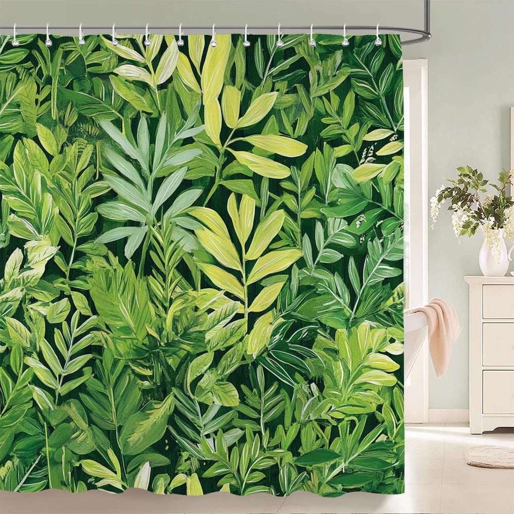 Fresh Green Leaves and Plants Pattern Shower Curtain Printed Leaves Bathroom Bath Curtain Home Decoration Curtain With Hooks