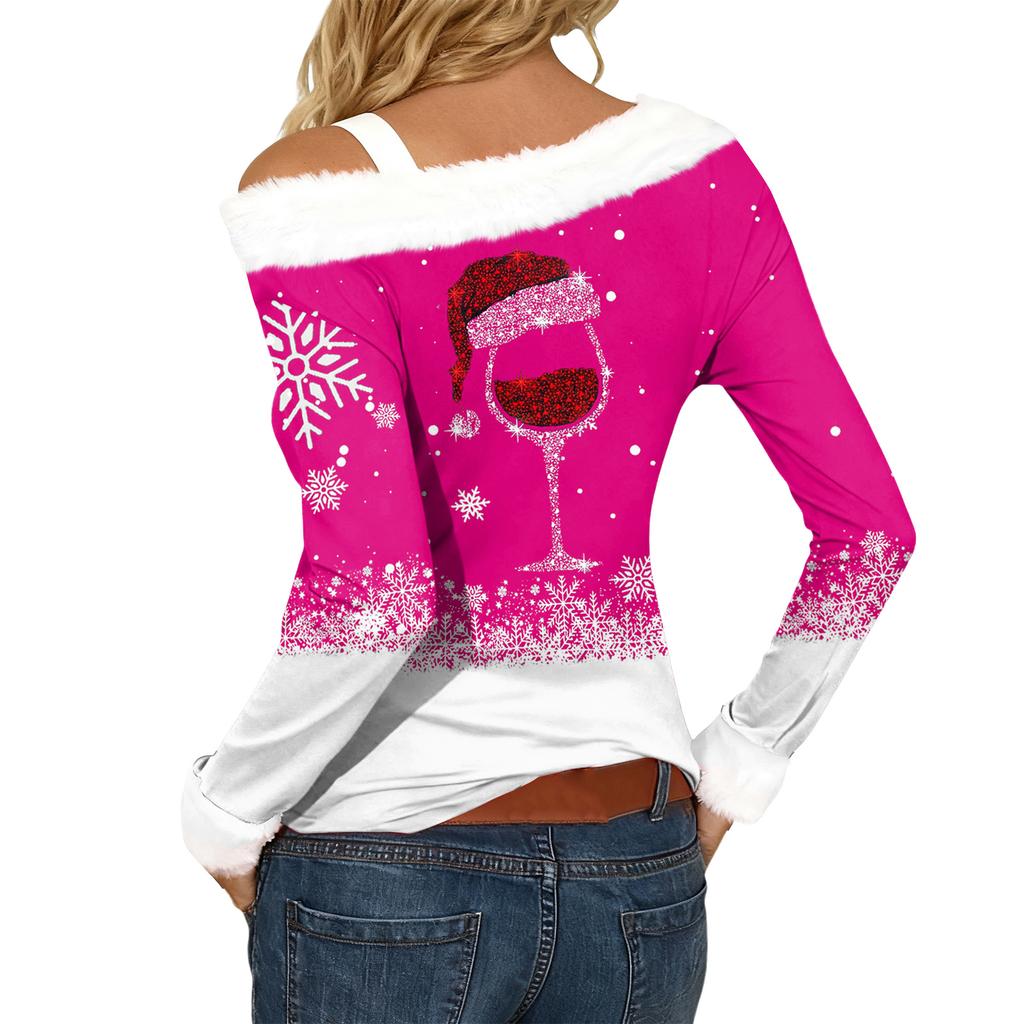 Women's Casual Fashion Sexy Off-Shoulder Collar Christmas Pattern Long Sleeve Crewneck T-Shirt Top
