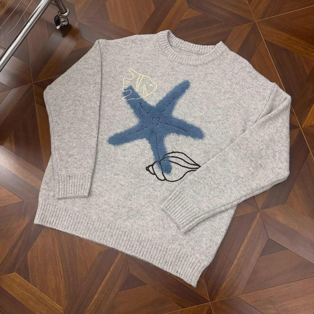 Unisex Korean Lazy Star Embroidered Round Neck Sweater - Casual Autumn/Winter Knit Top