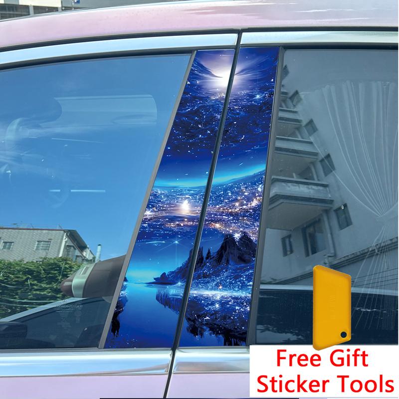 2pcs Blue Star River Car Center Pillar Sticker B-Pillar Protective Film Decoration Decals