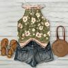 Damen Boho Blumenmuster Ärmelloses Tanktop Sommerlich Lässig Strandkleidung Leicht Locker Sitzende Bluse mit Verstellbaren Trägern