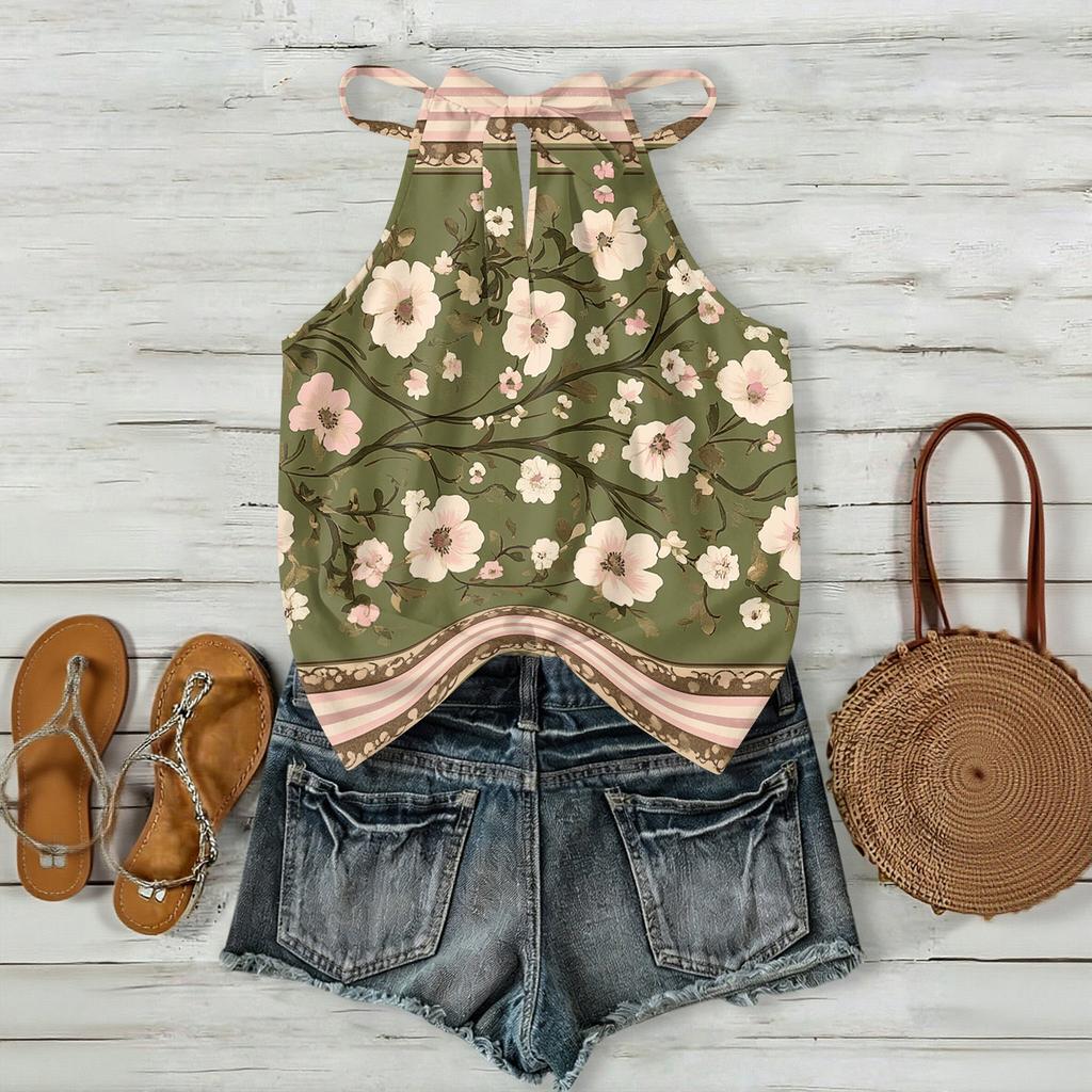 Damen Boho Blumenmuster Ärmelloses Tanktop Sommerlich Lässig Strandkleidung Leicht Locker Sitzende Bluse mit Verstellbaren Trägern