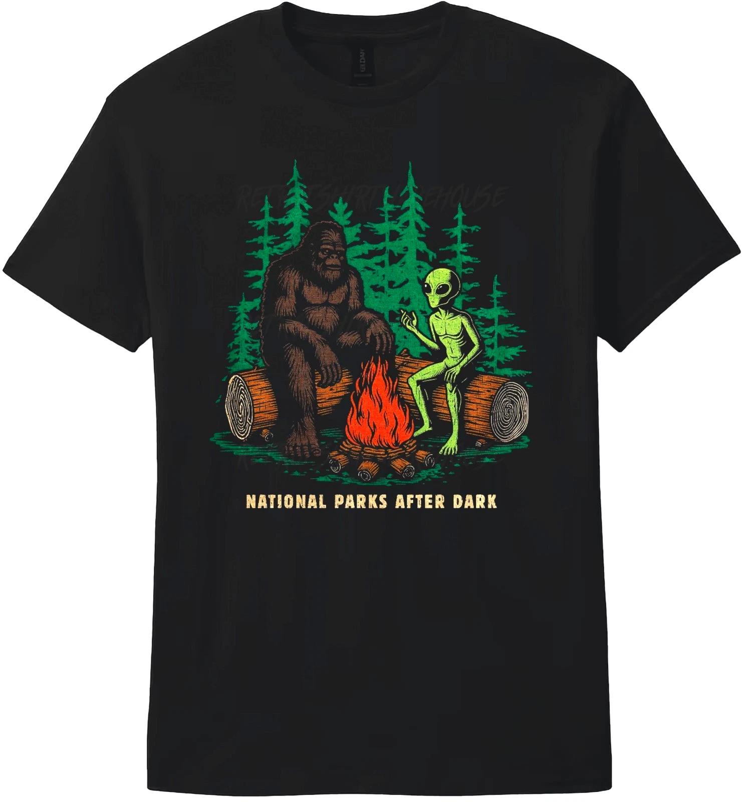Funny T Shirts National Parks After Dark Sarcastic Bigfoot Alien Graphic T-Shirt 2XL