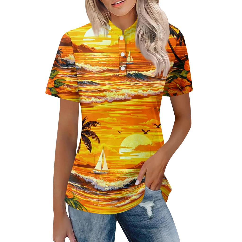 Women’s Casual Polo Neck Loose Fit Short Sleeve Top with Abstract Print and Button for Everyday Wear