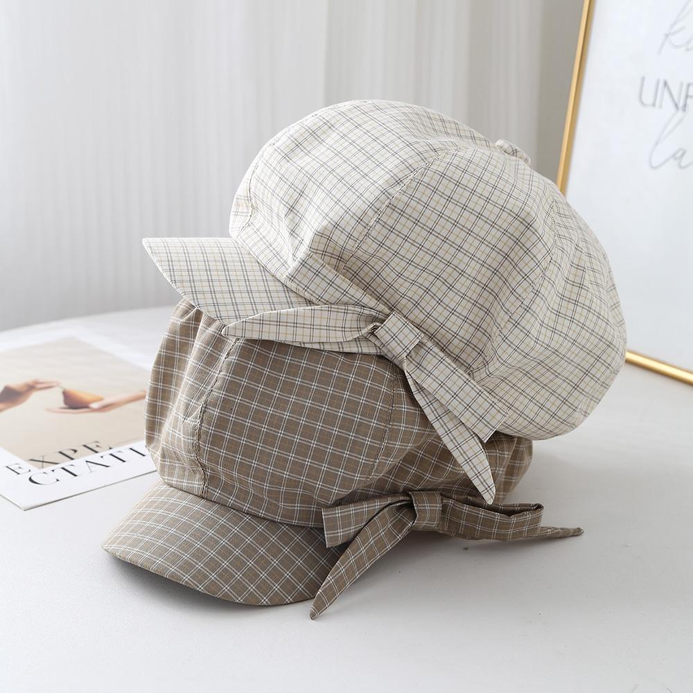 Korean Ins Bow Plaid Beret Women's Spring and Summer Big Head Fashion Shade Sweet Octagonal Newsboy Caps