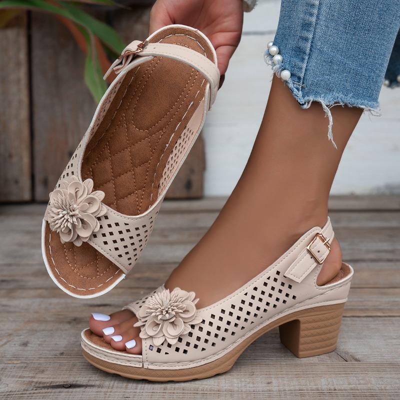 New Summer Women's Floral High Heel Sandals Buckle-Strap Slides