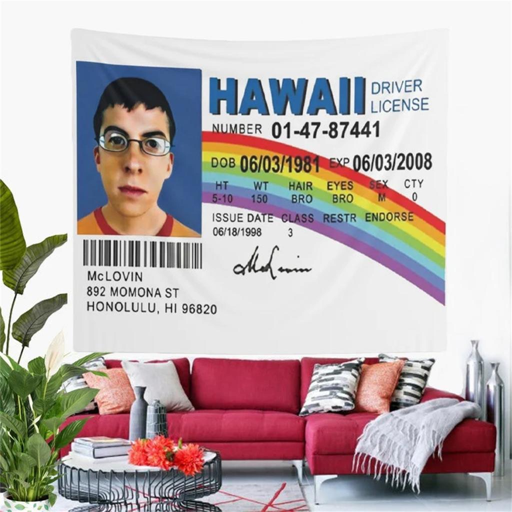 McLovin Fake ID Funny Wall Tapestry Hostel Dorm Decor Home Decoration Wall Hanging Bedroom Background Cloth Banner Room Decor