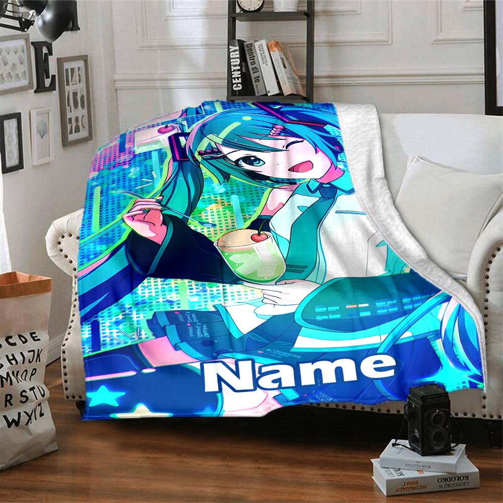 Custom Name Hatsune Miku Theme Printed Blanket - Perfect for Couch, Bed, Travel & Outdoor Use | Machine Washable, Cozy & Durable.
