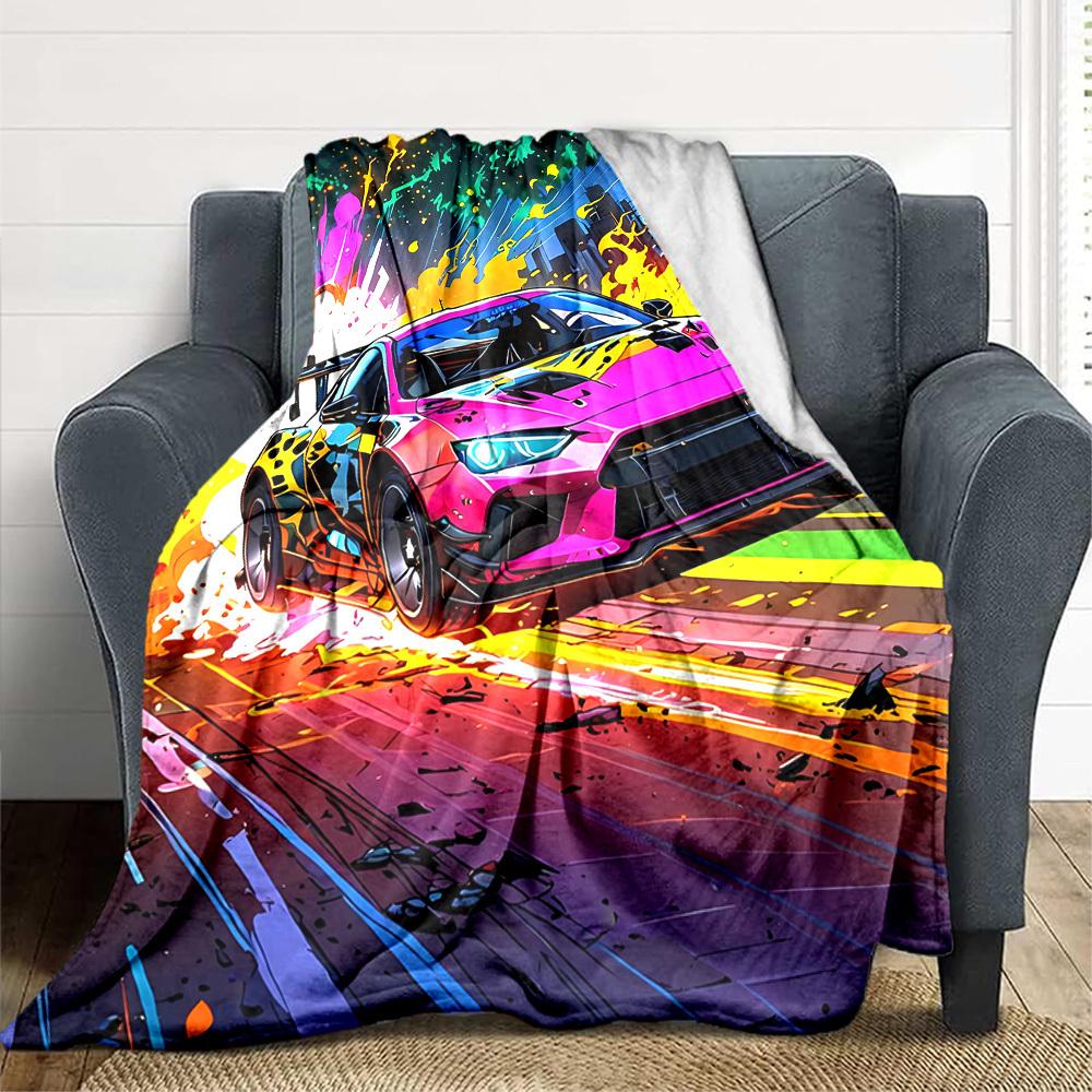 1PC Racing Car, Urban Art Blanket Soft Warm All Season Throw for Sofa, Bed, Car, Office Vibrant Colorful Design, Durable & Cozy Gift