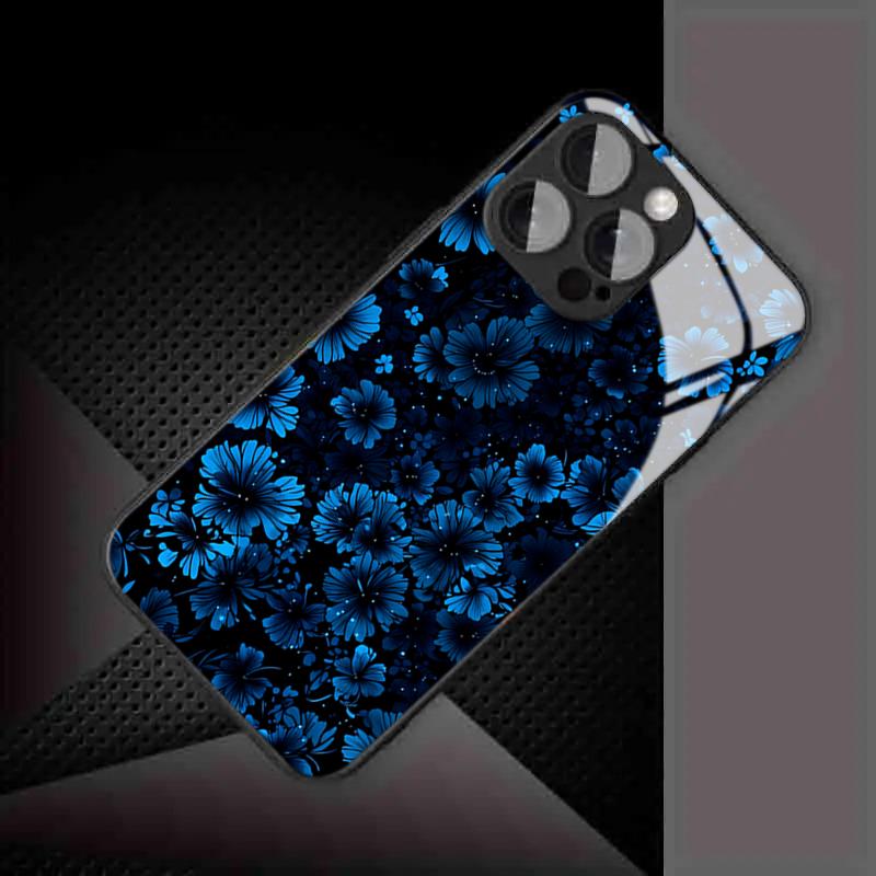 Blue Black Flower Tempered Glass Phone Case for iPhone 17 16 Pro Max 15 14 Plus 13 12 11 Pro 16E 17Air X XR XS MAX 7 8 SE2 Cover