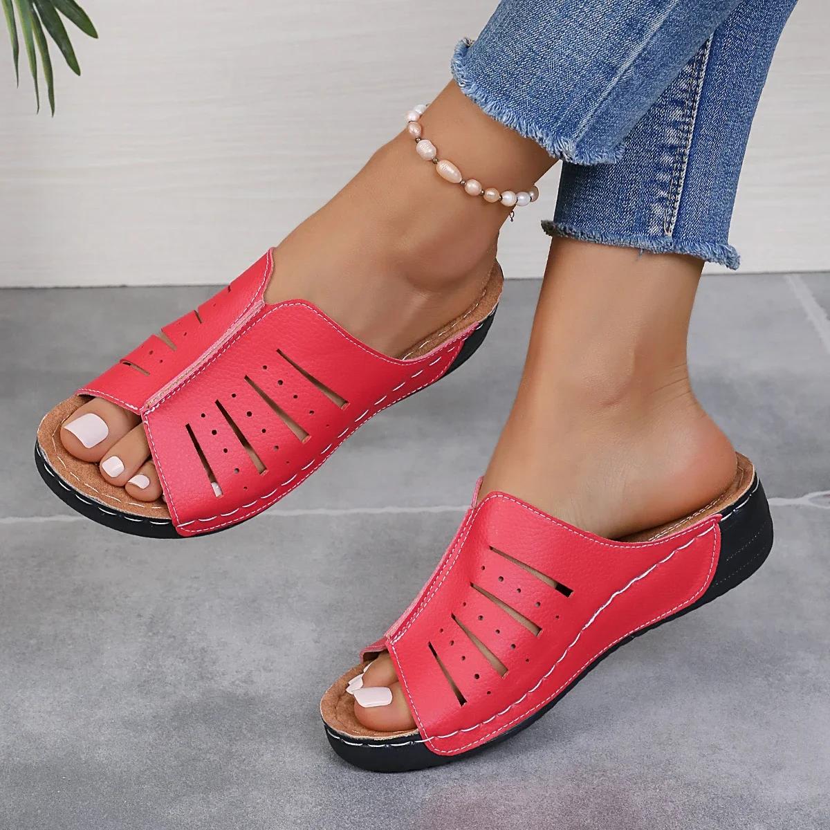 Большие сандалии женские с рыбьим носком на толстой подошве на плоской подошве летние новые женские сандалии повседневная обувь женские сандалии 36 красный 2960₽