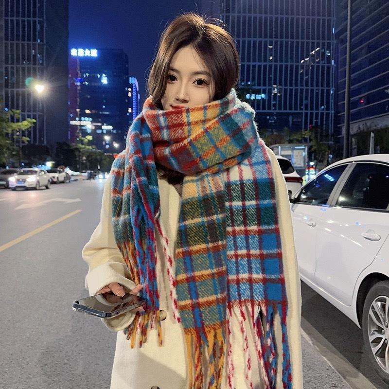 Korean Version of Mohair Rainbow Plaid Scarf Women's Autumn and Winter Popular Versatile Shawl High-end Imitation Cashmere Warm Scarf