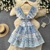 French holiday style V-neck lotus leaf sleeve floral dress female summer princess style thin waist A-word short skirt
