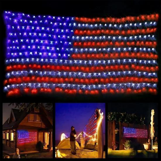 Amerikanische Flagge Netzlicht mit 420 ultrahellen LEDs Wasserdichte LED-Flaggen-Lichterkette für Hof Garten Gedenktag Unabhängigkeitstag
