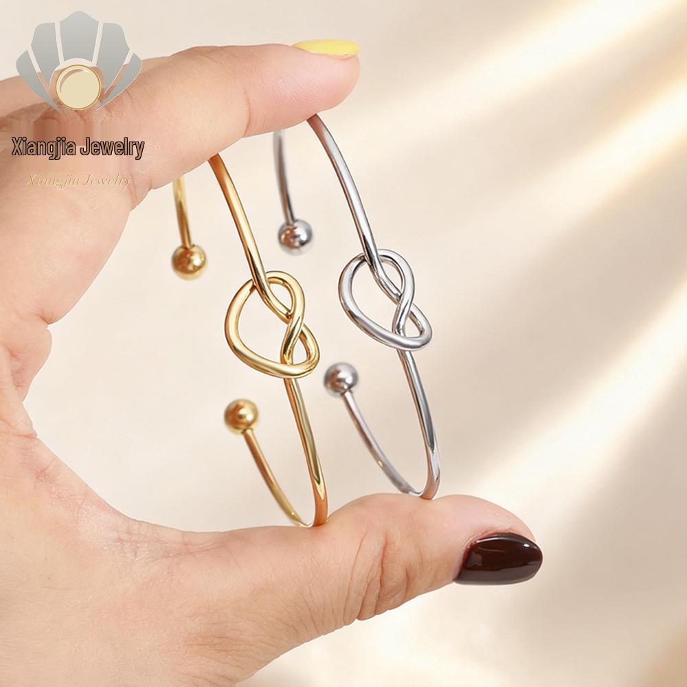 Cross-Border Love Knot Titanium Bangle - Versatile Peach Heart Open Bracelet, Vacuum-Plated Stainless Steel Jewelry