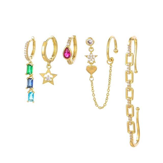 ANENJERY Colored Zircon Pendant Star Hoop Earrings For Women Heart Chain Clip 6-piece Earring Set