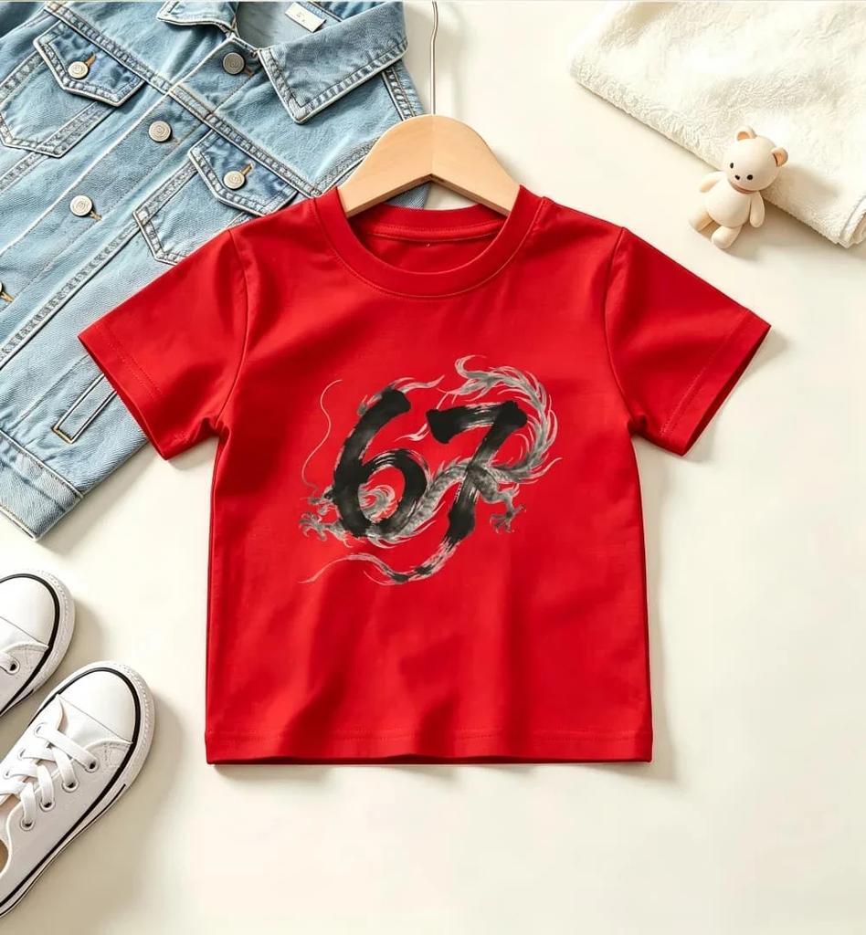 Kids White Short Sleeve T Shirt Sketch Hand Pattern Number 67 Graphic Print Crew Neck Boys Girls Casual Summer Tee