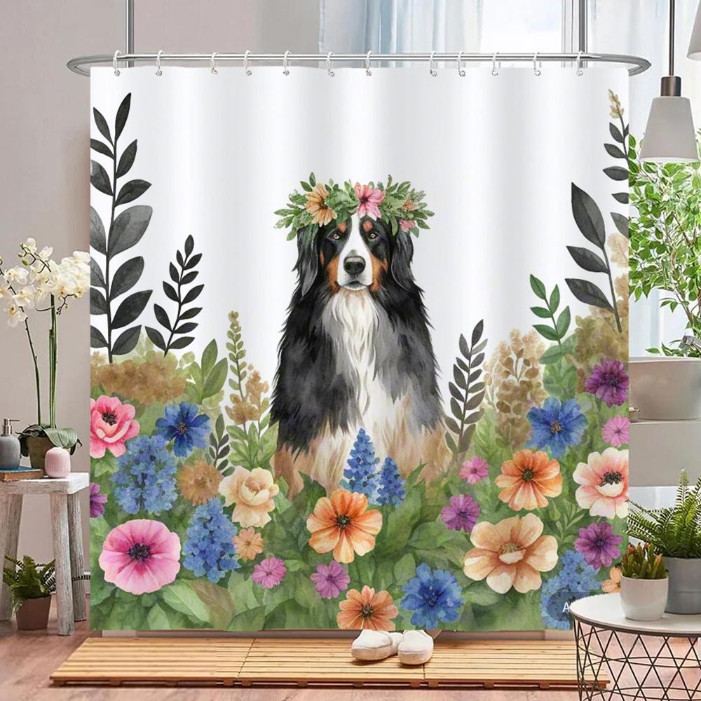 watercolor flowers and plants dog animal shower curtain Print polyester waterproof bathroom curtains with hook decorate curtain