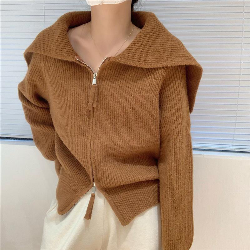 1011 autumn new double zipper knitted sweater women's loose navy collar shoulder pads Korean version knitted cardigan women's clothing