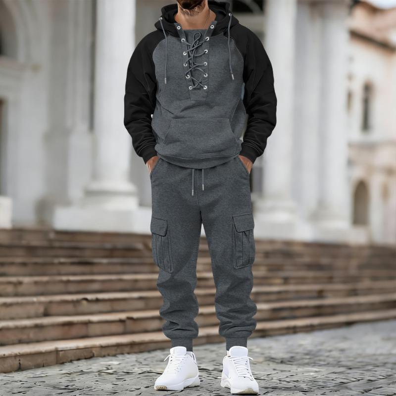 Herren Kapuzenpullover mit Schnürung und Raglanärmeln und Cargo Jogginghose Zweiteiliges Set